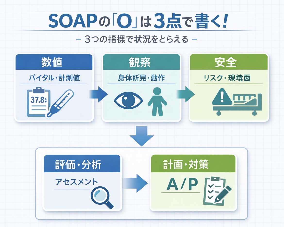 SOAP の O を数値・観察・安全の 3 点で整理し、A と P へつなぐ流れ図