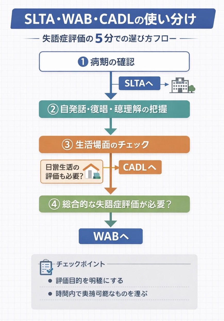 SLTA・WAB・CADL の使い分けを整理した失語症評価の図版