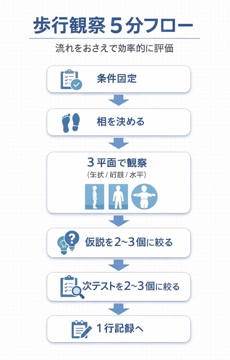 歩行観察 5 分フローを整理した図版