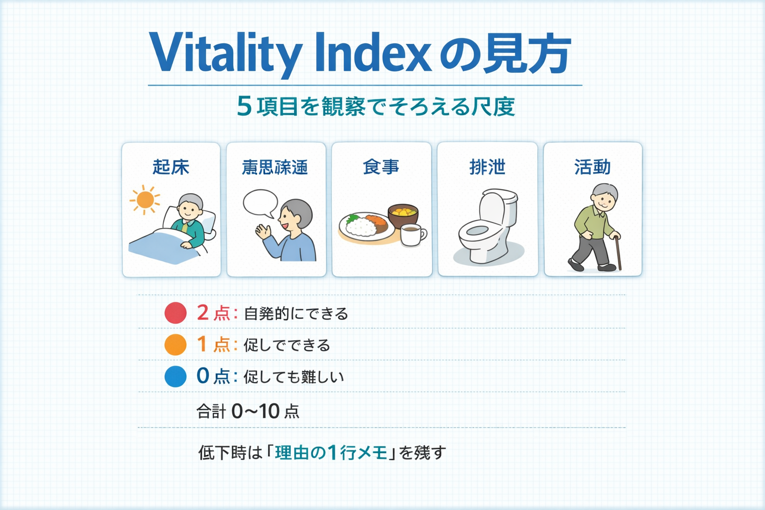 Vitality Index の 5 項目と採点の見方をまとめた図版