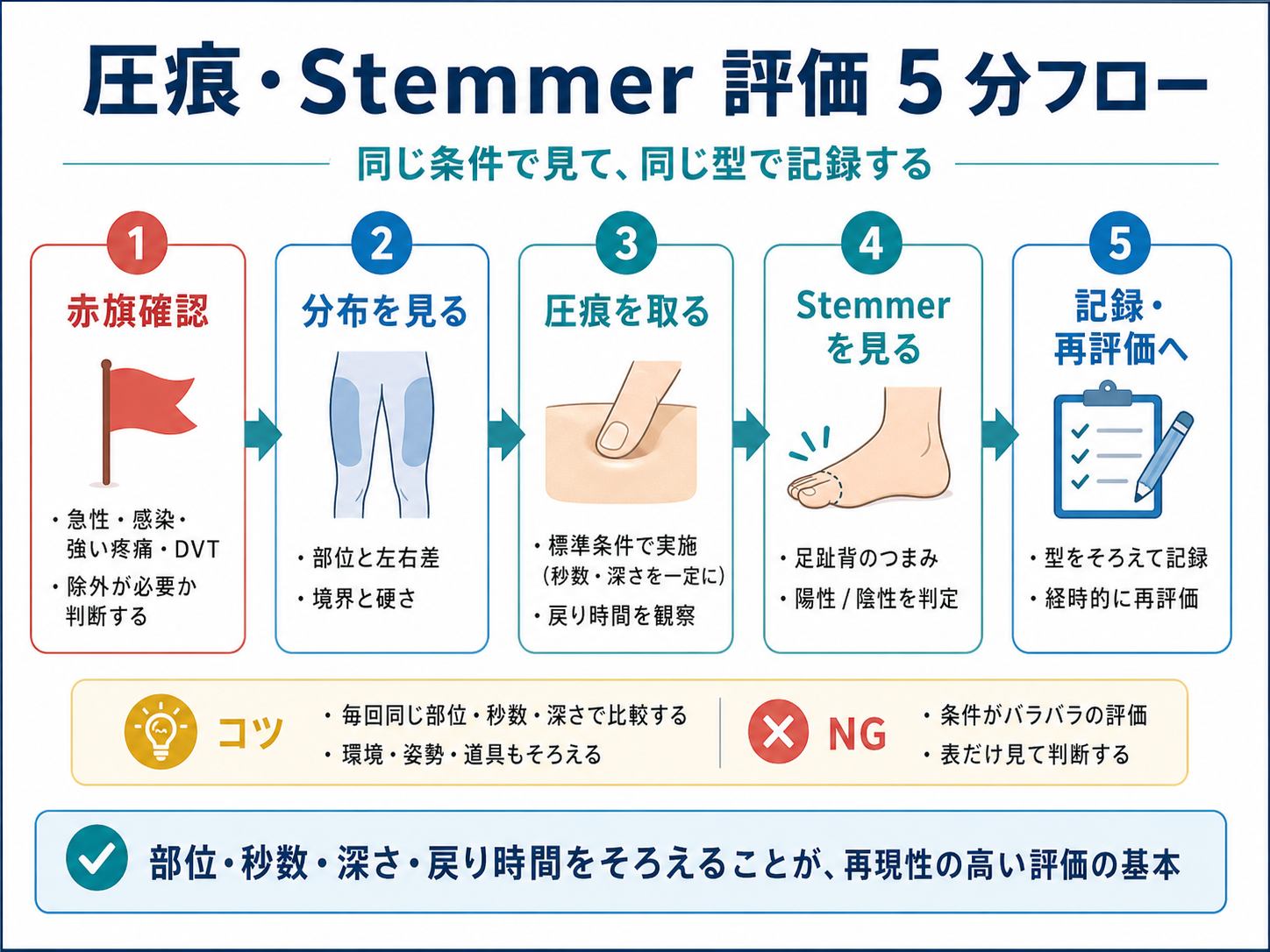 圧痕性浮腫と Stemmer 徴候を赤旗確認、分布、圧痕、Stemmer、記録再評価の順で確認する5分フロー図