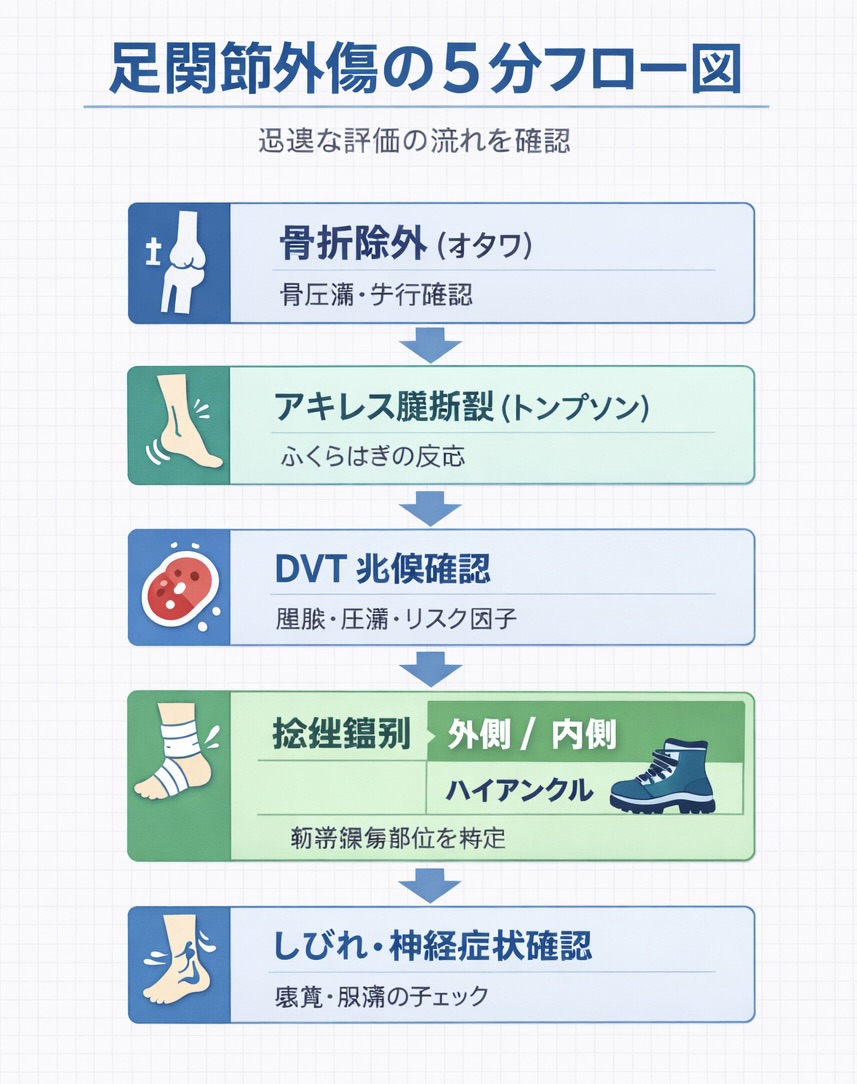足関節外傷の 5 分フロー図。骨折除外、アキレス腱断裂、 DVT 文脈、捻挫鑑別、しびれ確認の順で整理した図版
