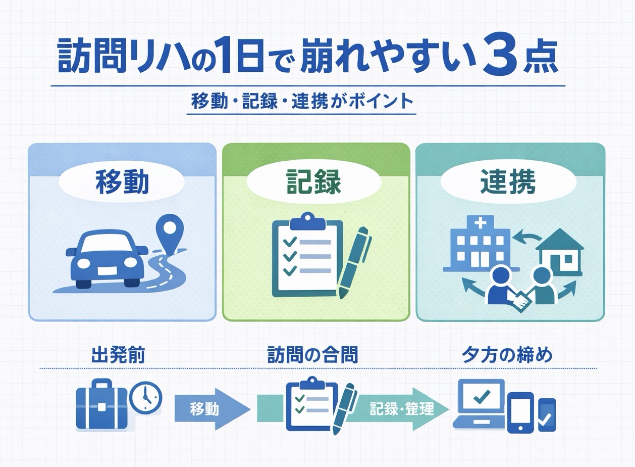 訪問リハの 1 日で崩れやすい 3 点を整理した図版。移動・記録・連携と、出発前・訪問の合間・夕方の締めを視覚化している図。