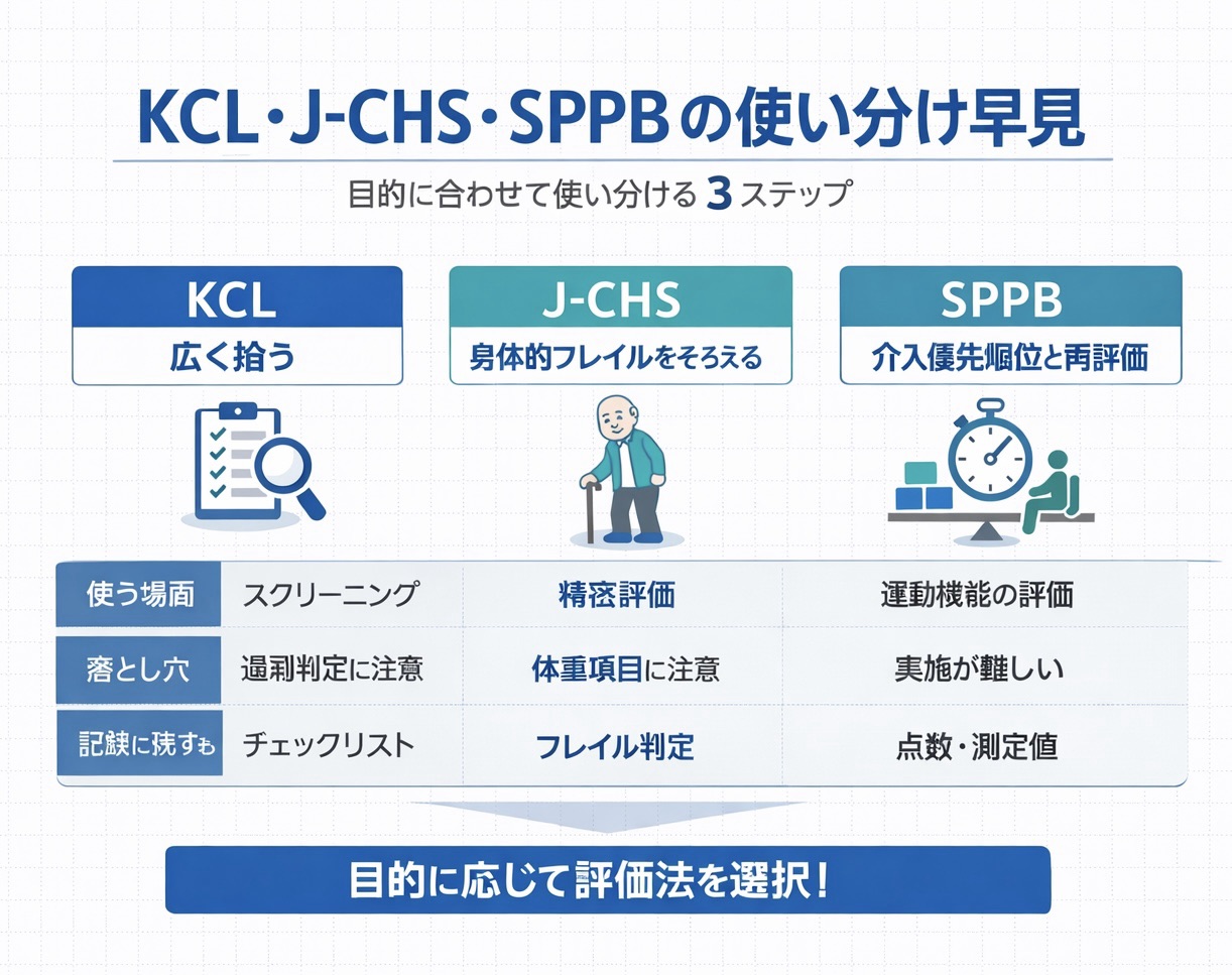 KCL・J-CHS・SPPB の使い分けを 3 ステップで整理した図版