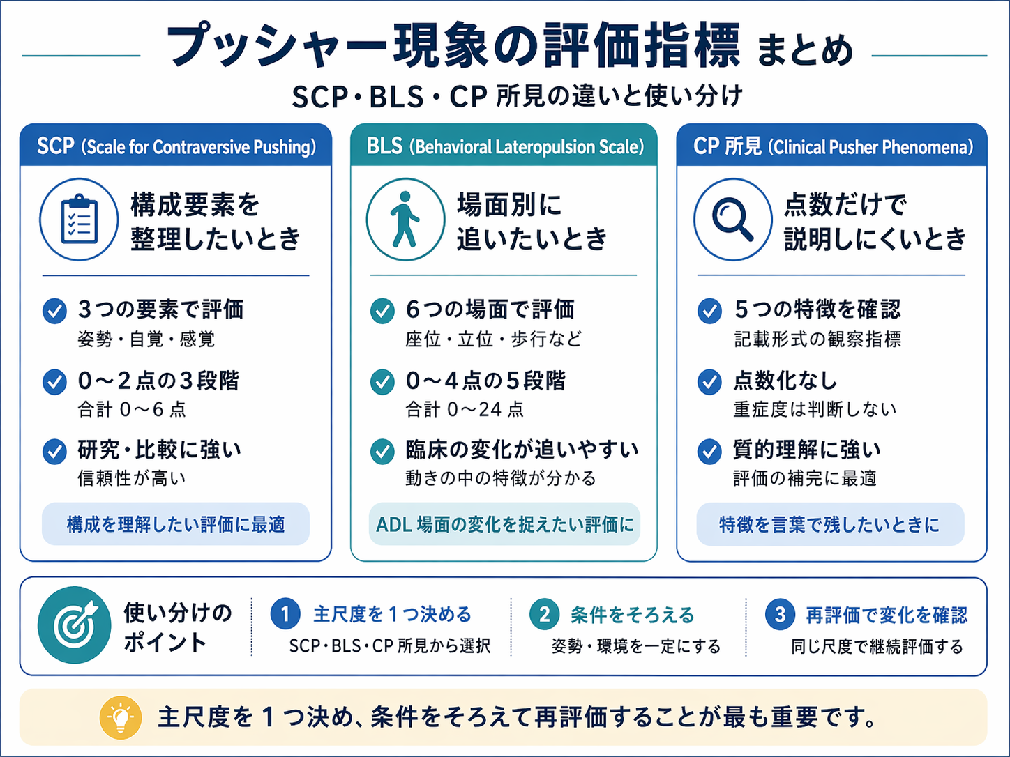 Pusher scale の選び方。SCP・BLS・CP 所見の違いと使い分けを整理した図版
