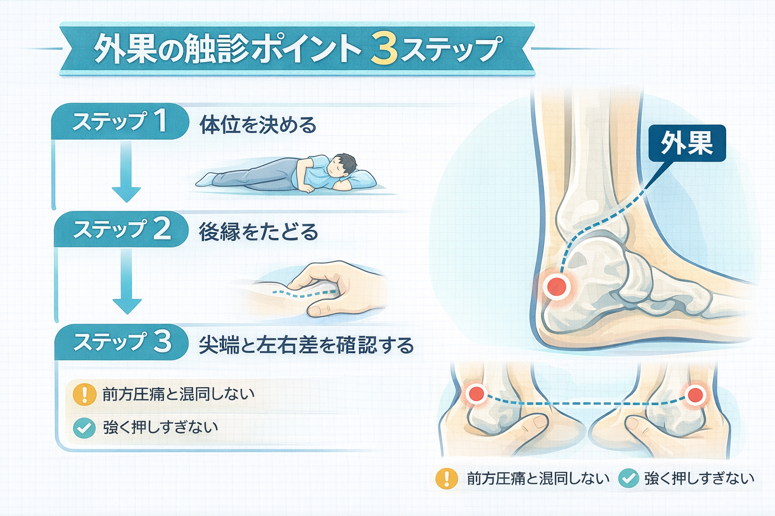 外果の触診ポイントを 3 ステップで示した図版