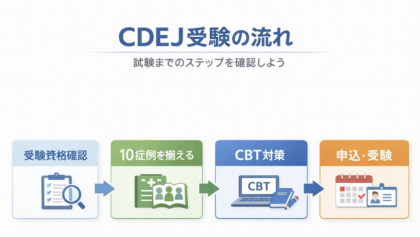 CDEJ 受験の流れ｜受験資格確認、 10 症例を揃える、 CBT 対策、申込・受験の全体フロー