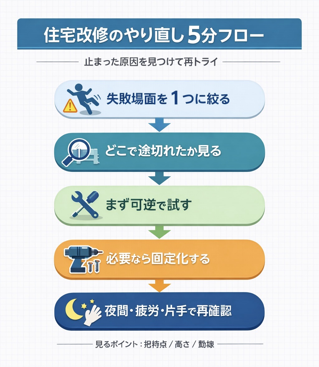 住宅改修のやり直し 5 分フローの図版