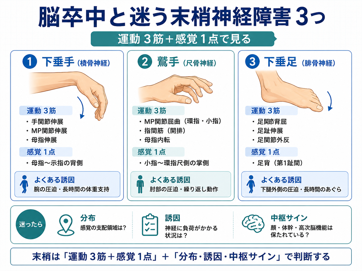脳卒中と迷う末梢神経障害3つを運動3筋と感覚1点で整理する図版