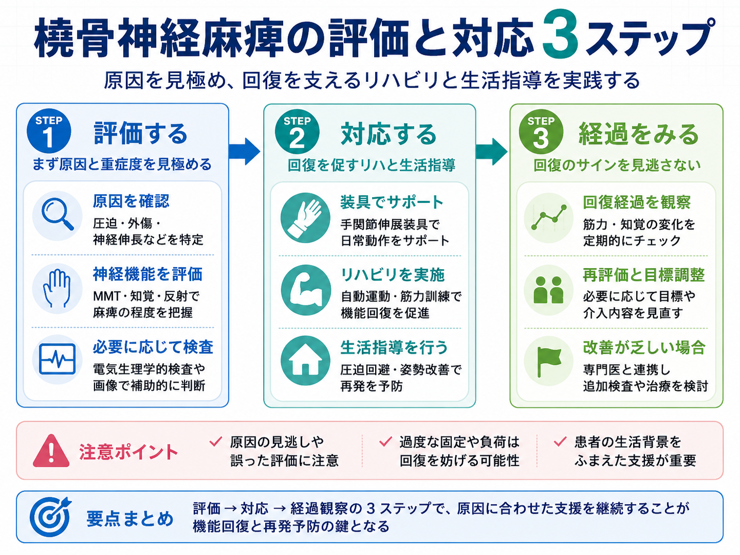 橈骨神経麻痺の評価と対応を評価・対応・経過観察の 3 ステップで整理した図版