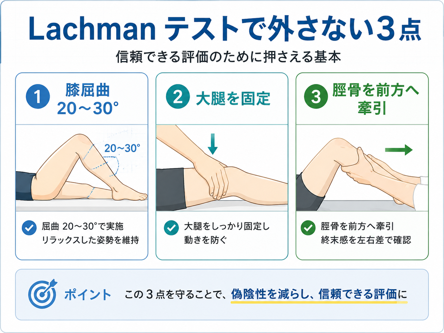 Lachman テストで外さない 3 点（膝屈曲 20〜30&deg;・大腿固定・脛骨前方牽引）