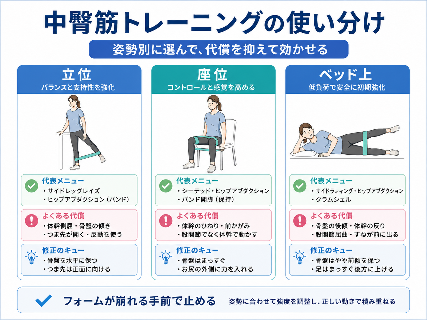 中臀筋トレーニングの姿勢別使い分け（立位・座位・ベッド上）