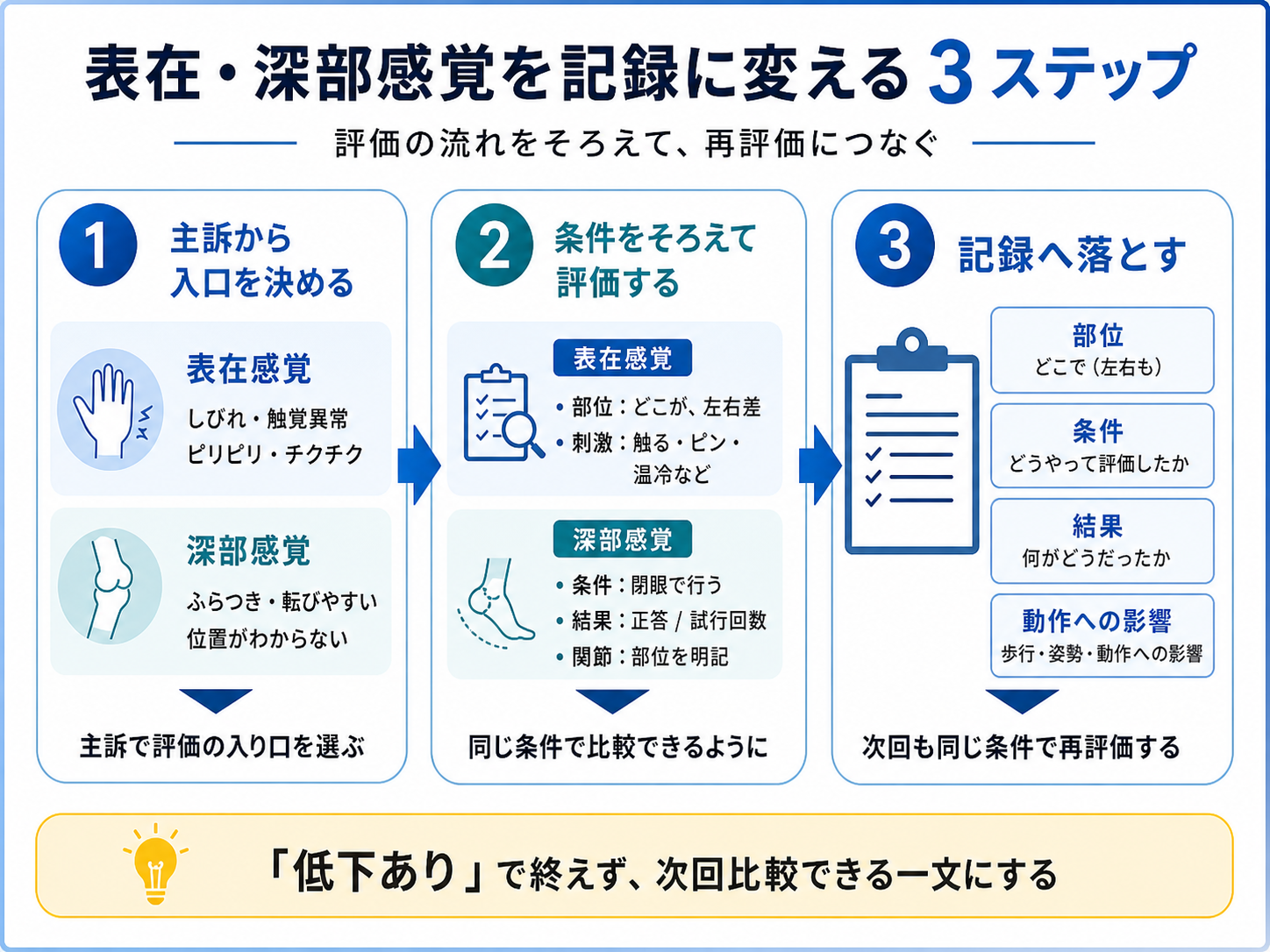 表在感覚と深部感覚を記録に変える3ステップの図解