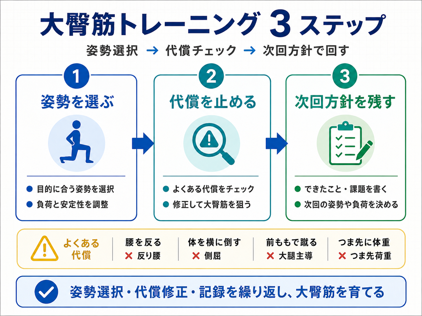 大臀筋トレーニング 3 ステップ（姿勢選択&rarr;代償チェック&rarr;次回方針）
