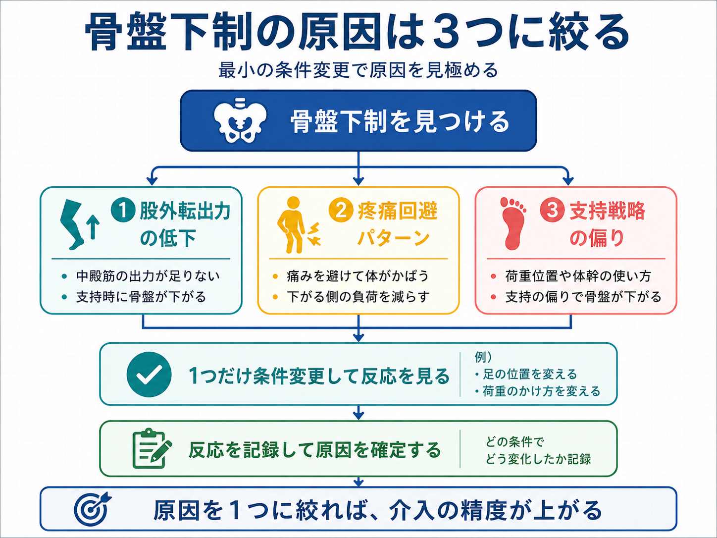 骨盤下制の原因を3つに整理するTrendelenburg歩行の実用図版
