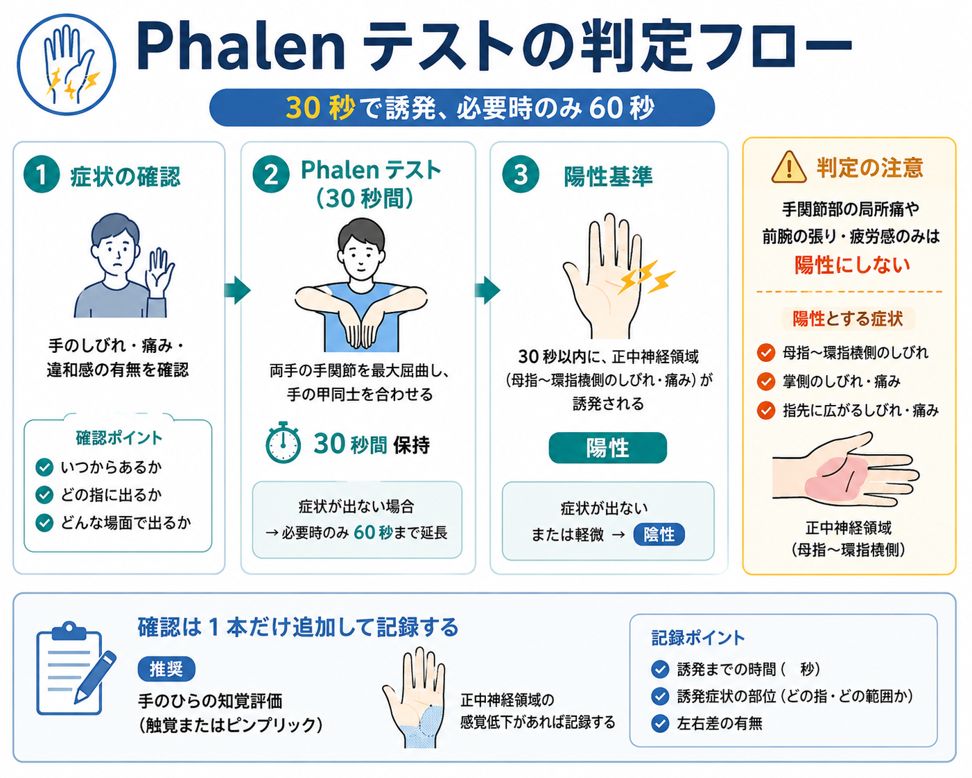 Phalen テストの判定フロー：症状確認&rarr;30 秒保持&rarr;陽性基準&rarr;記録ポイントを整理した図版