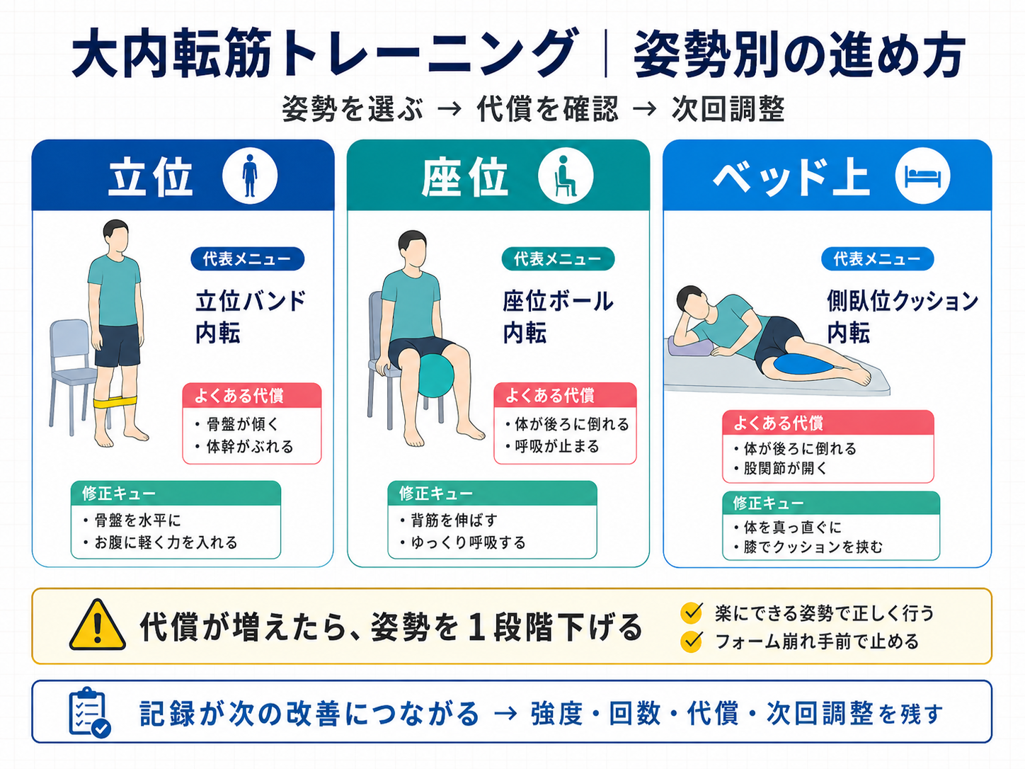 大内転筋トレーニングの姿勢別図解（立位・座位・ベッド上）