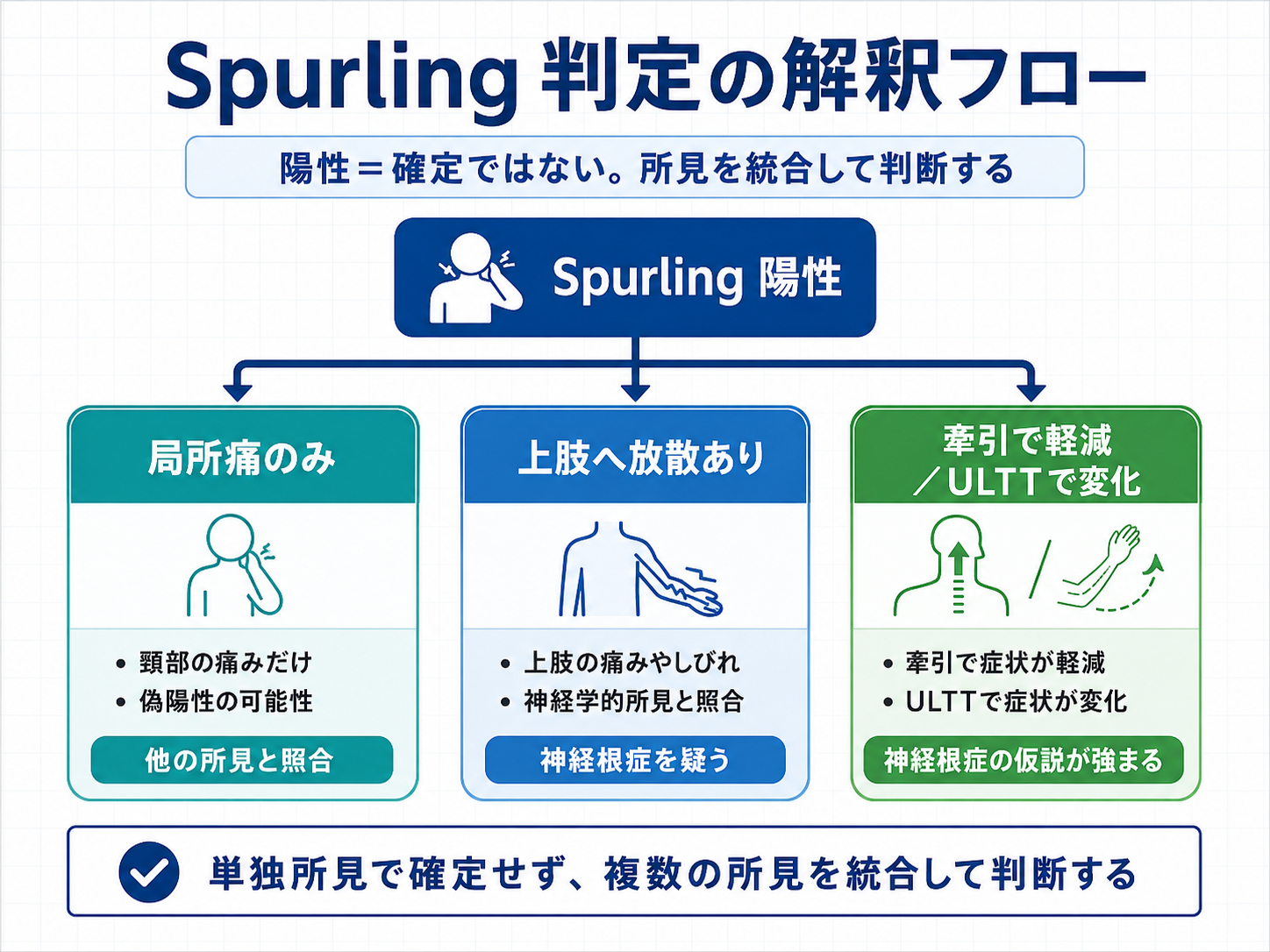 Spurling判定の解釈フロー。局所痛のみ、上肢への放散、牽引やULTTでの変化を分けて所見統合で判断する図版