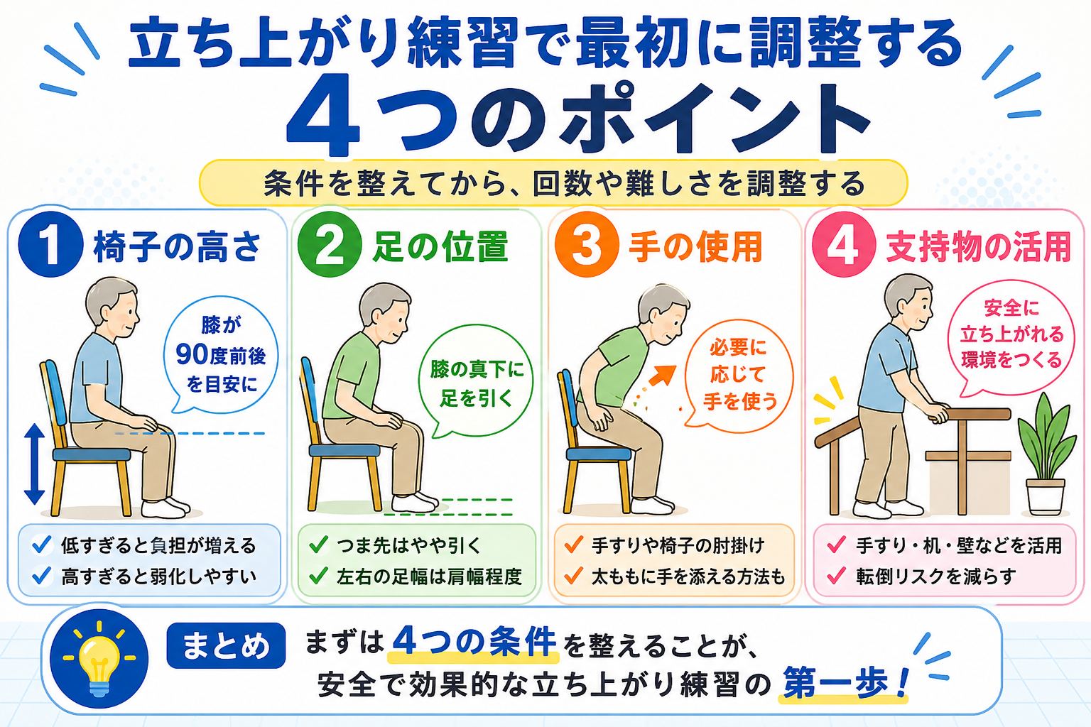 立ち上がり練習で最初に調整する椅子の高さ・足位置・手の使用・支持物の図解