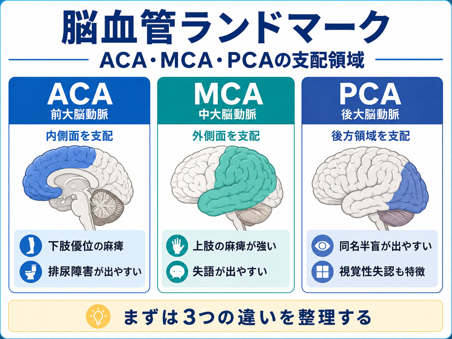 ACA・MCA・PCAの支配領域を比較した図。ACAは内側面、MCAは外側面、PCAは後方領域として整理している。