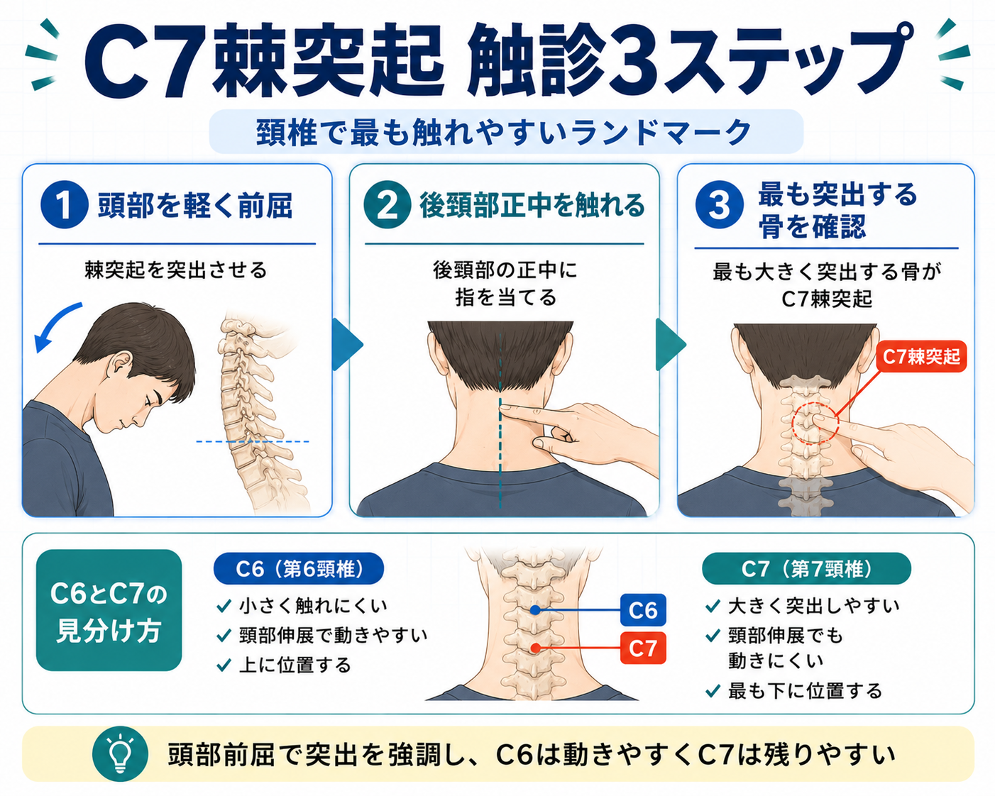 C7棘突起の位置と触診3ステップを示した図版