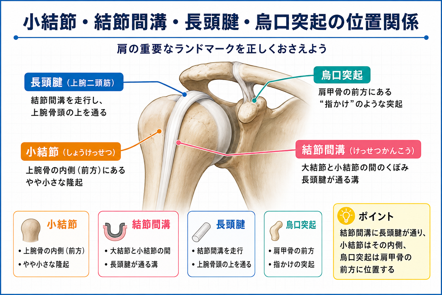 小結節・結節間溝・長頭腱・烏口突起の位置関係を示した図版