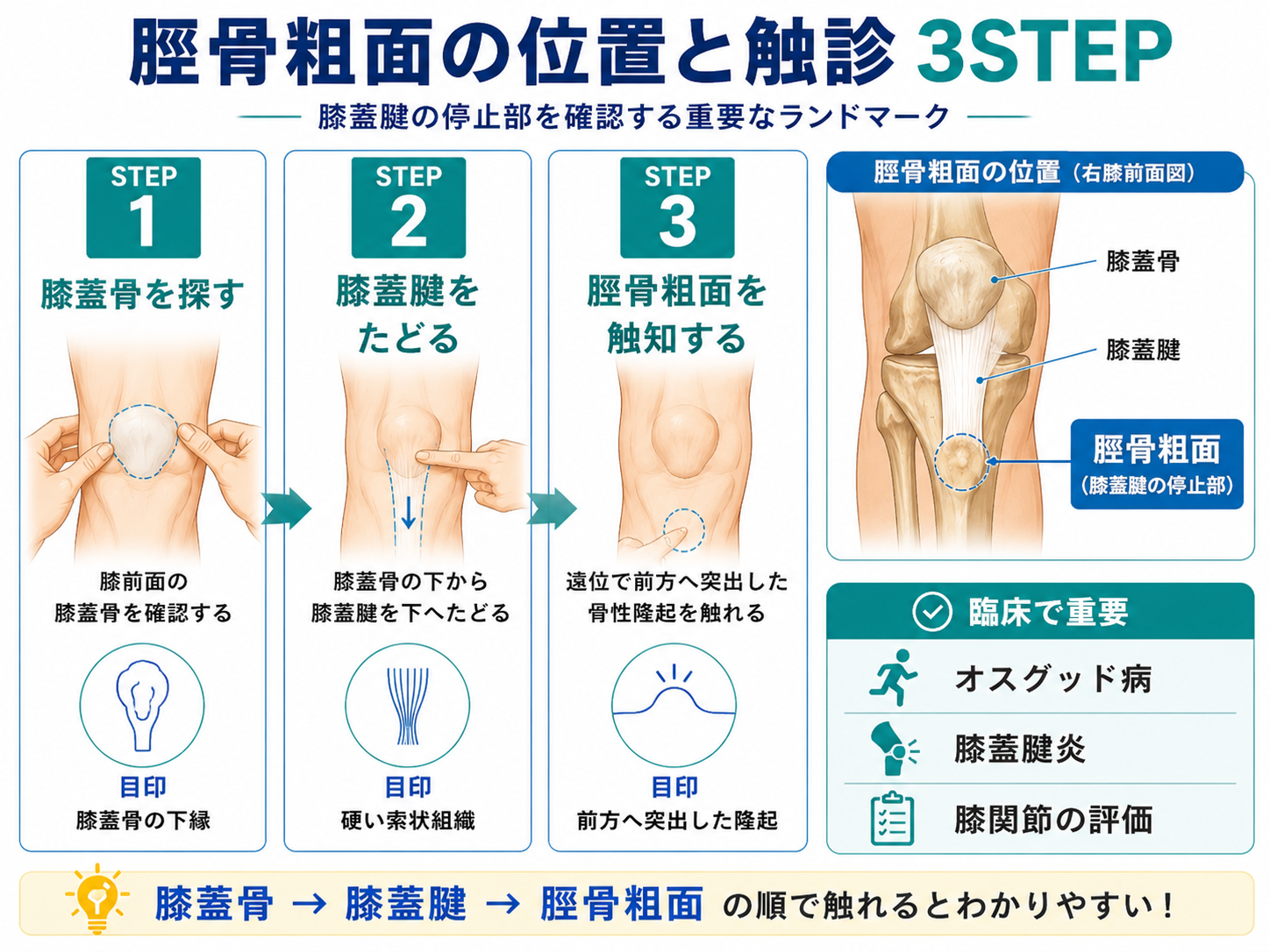 脛骨粗面の位置と触診3STEPを示した図版