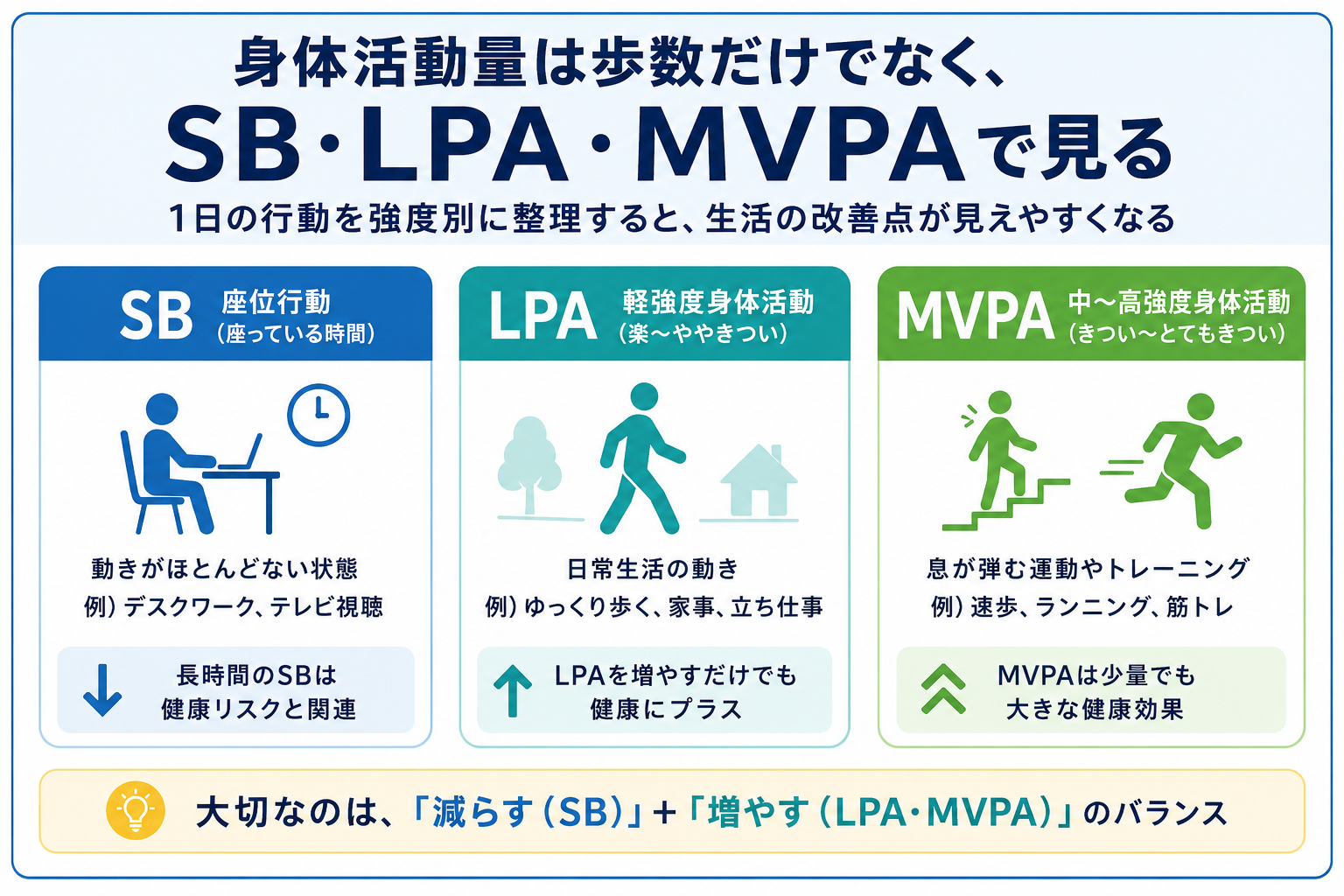 身体活動量をSB・LPA・MVPAで整理する図版