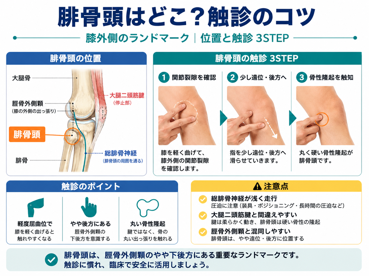 腓骨頭の位置と触診3STEPを示した図版