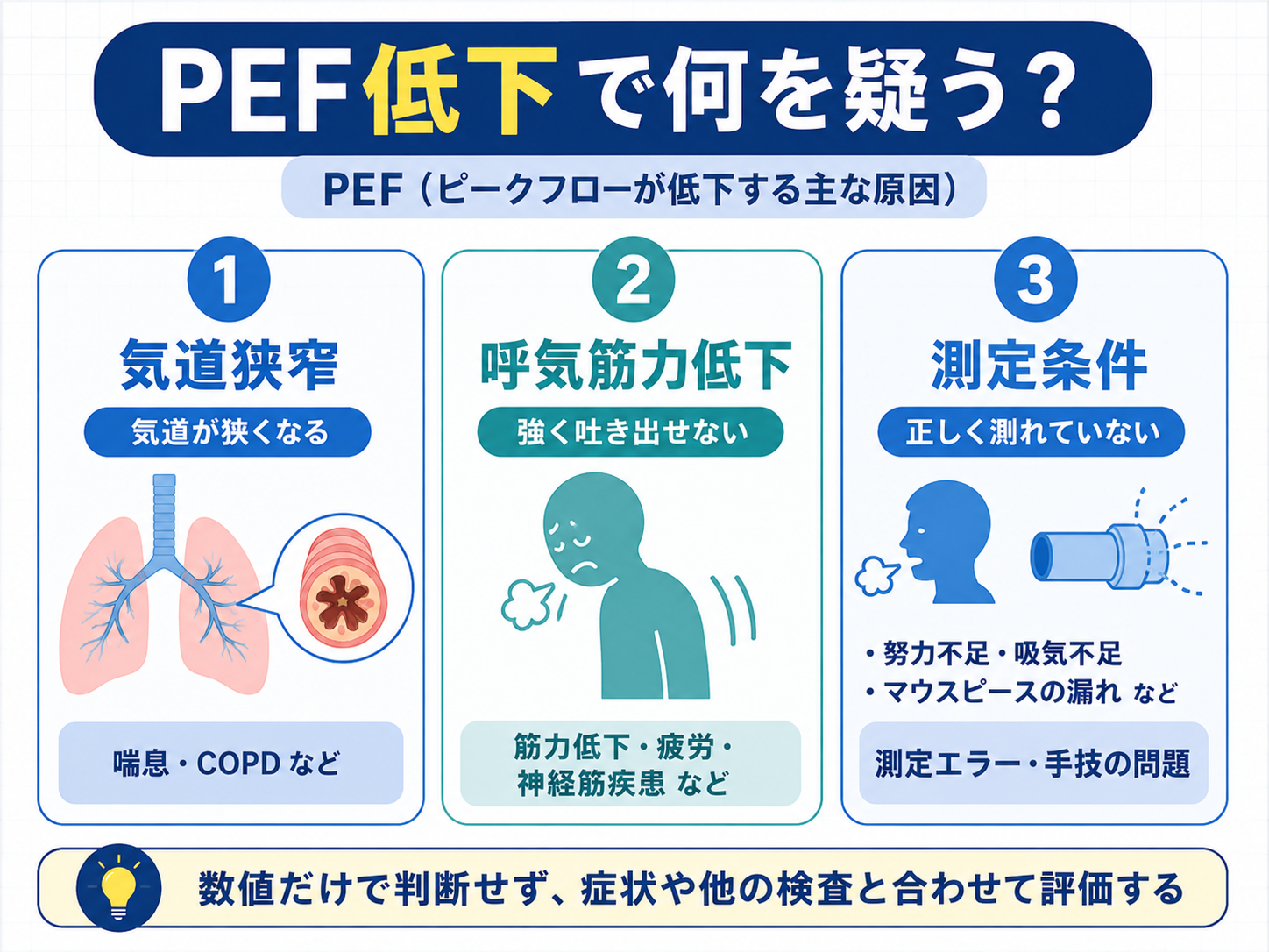 PEF低下で疑う原因を整理した図。気道狭窄、呼気筋力低下、測定条件の3つを比較している。