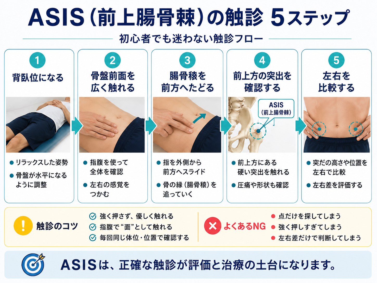 ASISの触診を背臥位から左右比較まで5ステップで示した図版