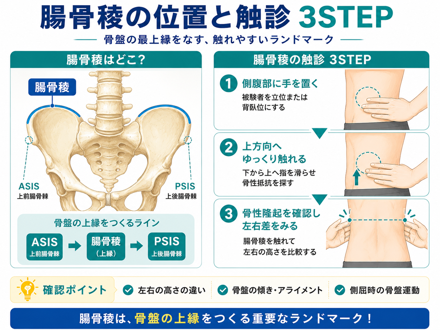 腸骨稜の位置と触診3STEPを示した図版
