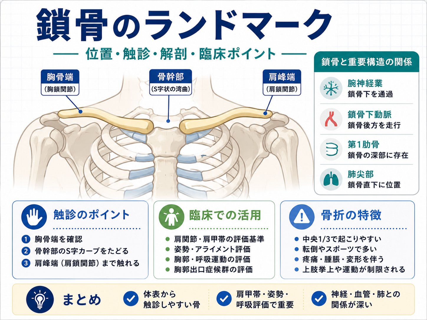 鎖骨のランドマークを整理した図。胸骨端、骨幹部、肩峰端、触診のポイント、臨床での活用、骨折の特徴、周囲の重要構造との関係を示している。