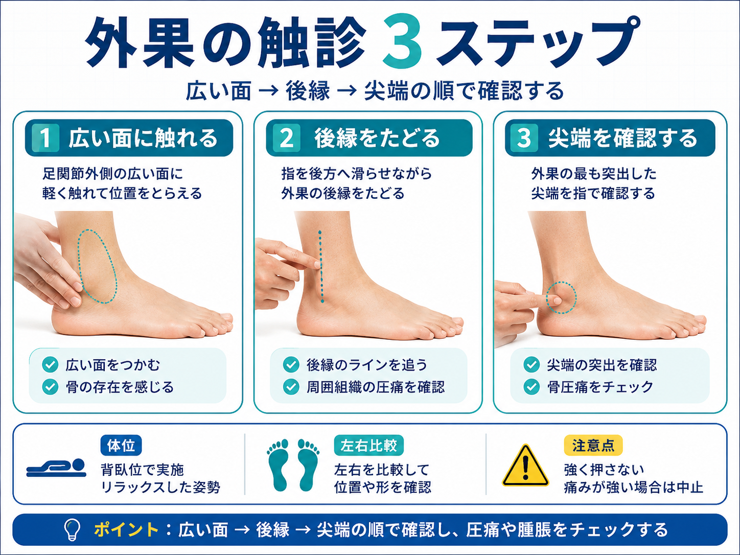 外果の触診を広い面から後縁、尖端の順で確認する3ステップ図版
