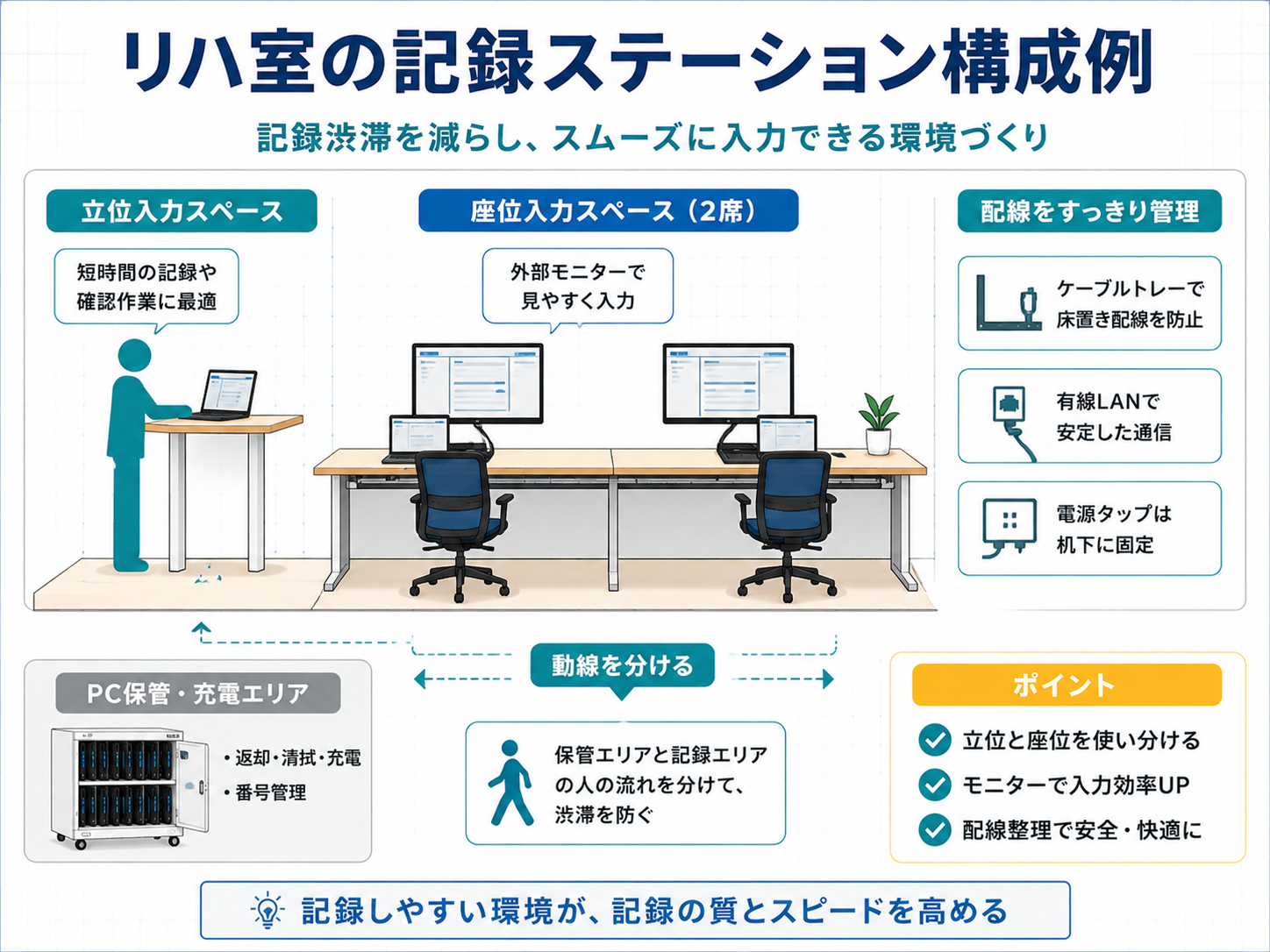 リハ室の記録ステーション構成例。立位入力スペース、座位入力スペース、外部モニター、配線整理、PC保管・充電エリア、動線分離を整理した図版。