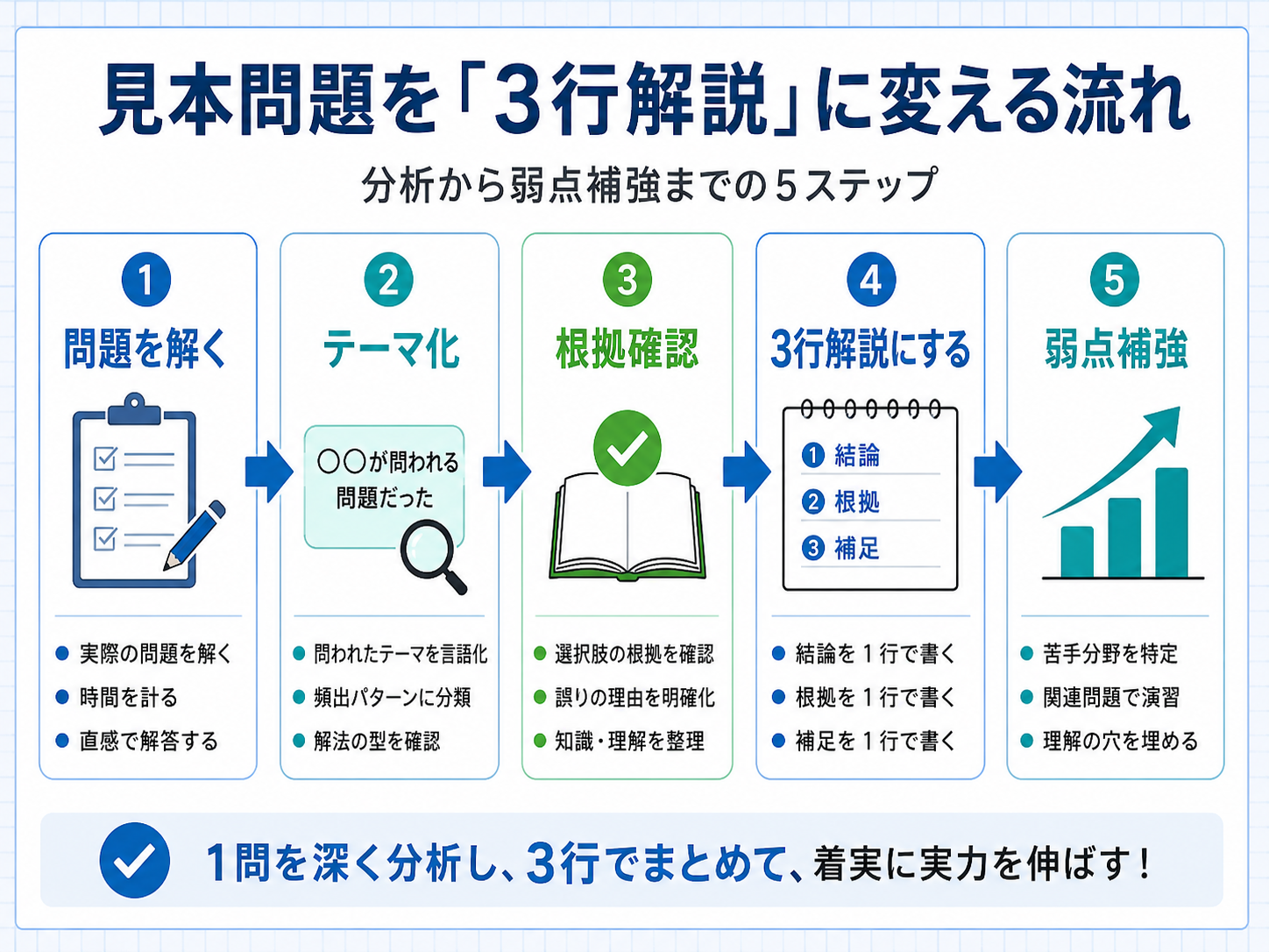 見本問題を3行解説に変える流れ