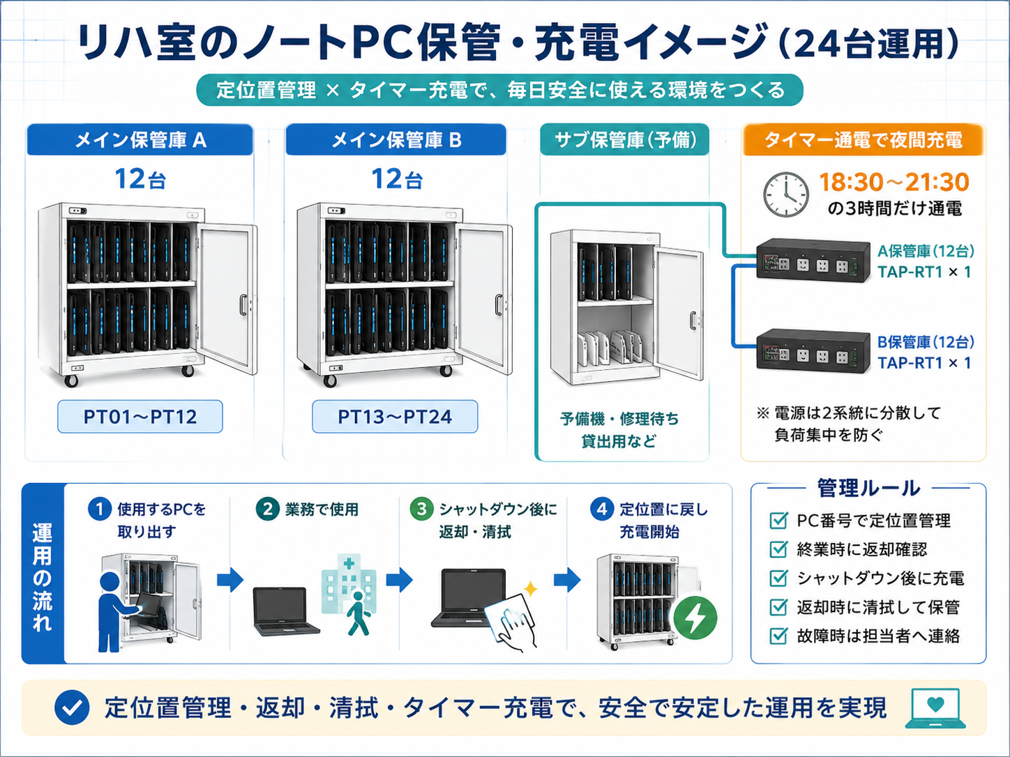 リハ室のノートPC保管・充電イメージ図。24台運用を想定し、保管庫A/B、サブ保管庫、タイマー通電、返却・清拭・番号管理の流れを整理した図版。