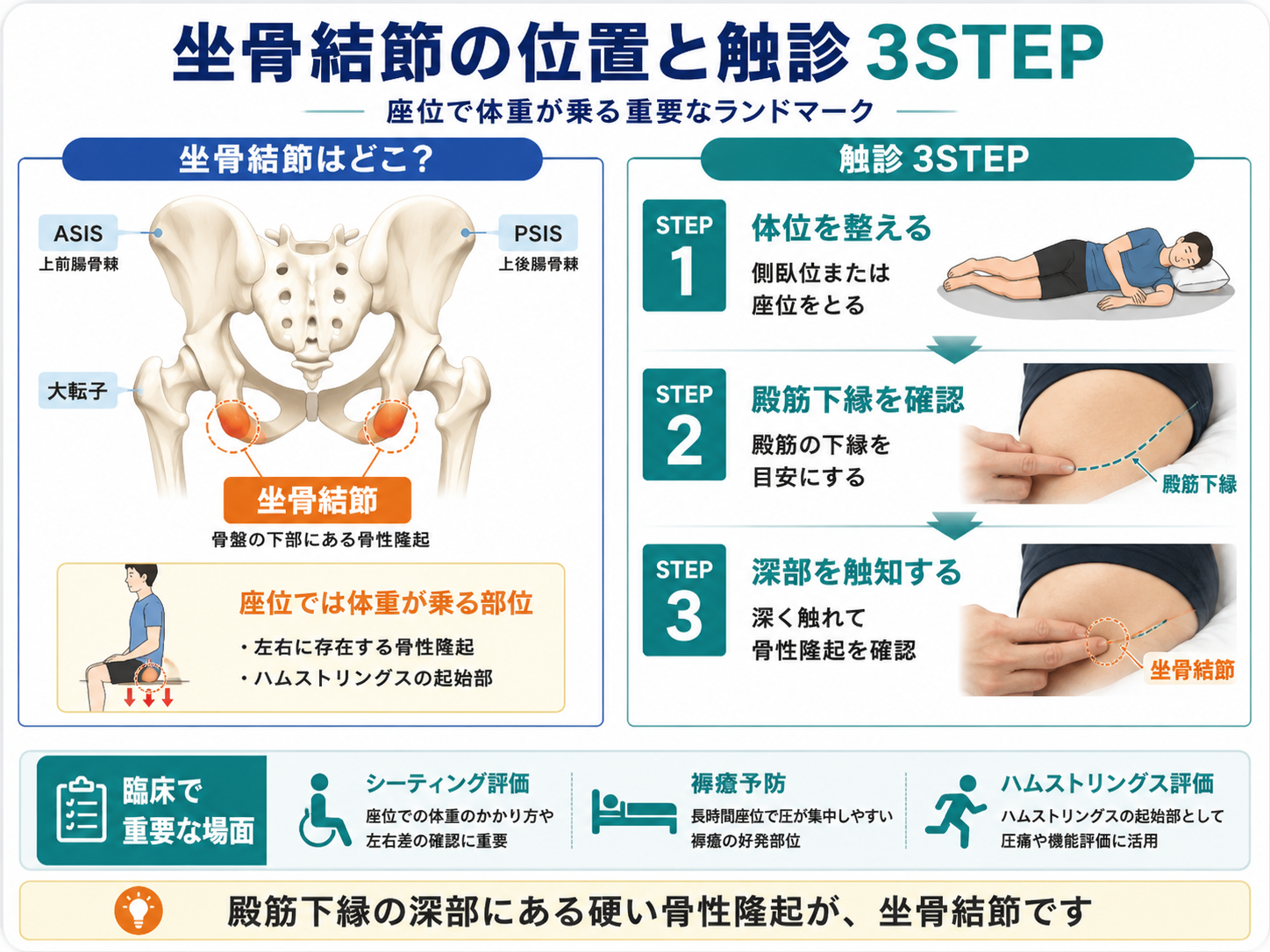 坐骨結節の位置と触診3STEPを示した図版