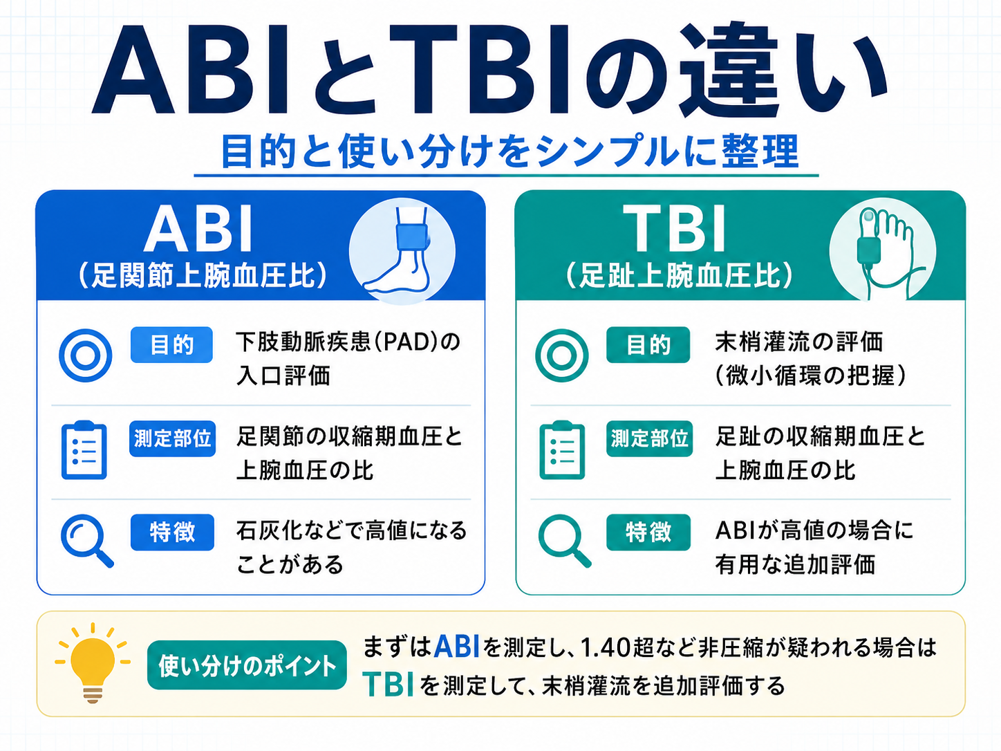 ABI と TBI の違いを目的と使い分けで整理した図版
