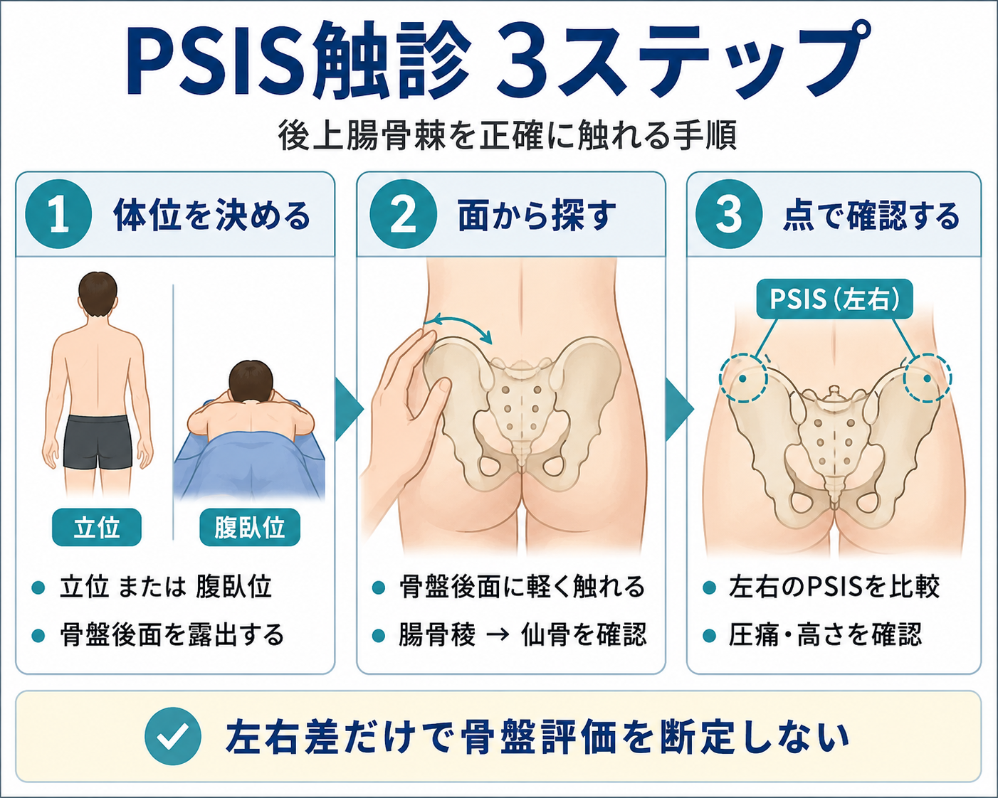 PSIS触診の3ステップを示した図版