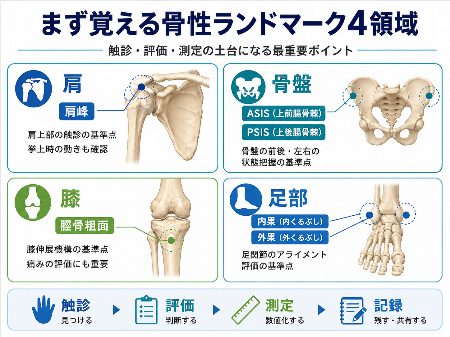 新人理学療法士がまず覚える骨性ランドマーク4領域の整理図