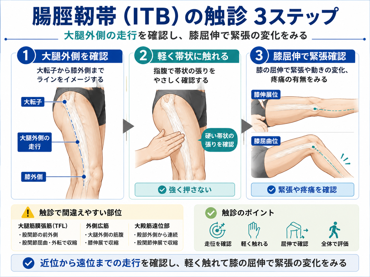 腸脛靭帯の触診方法を3ステップで整理した図版