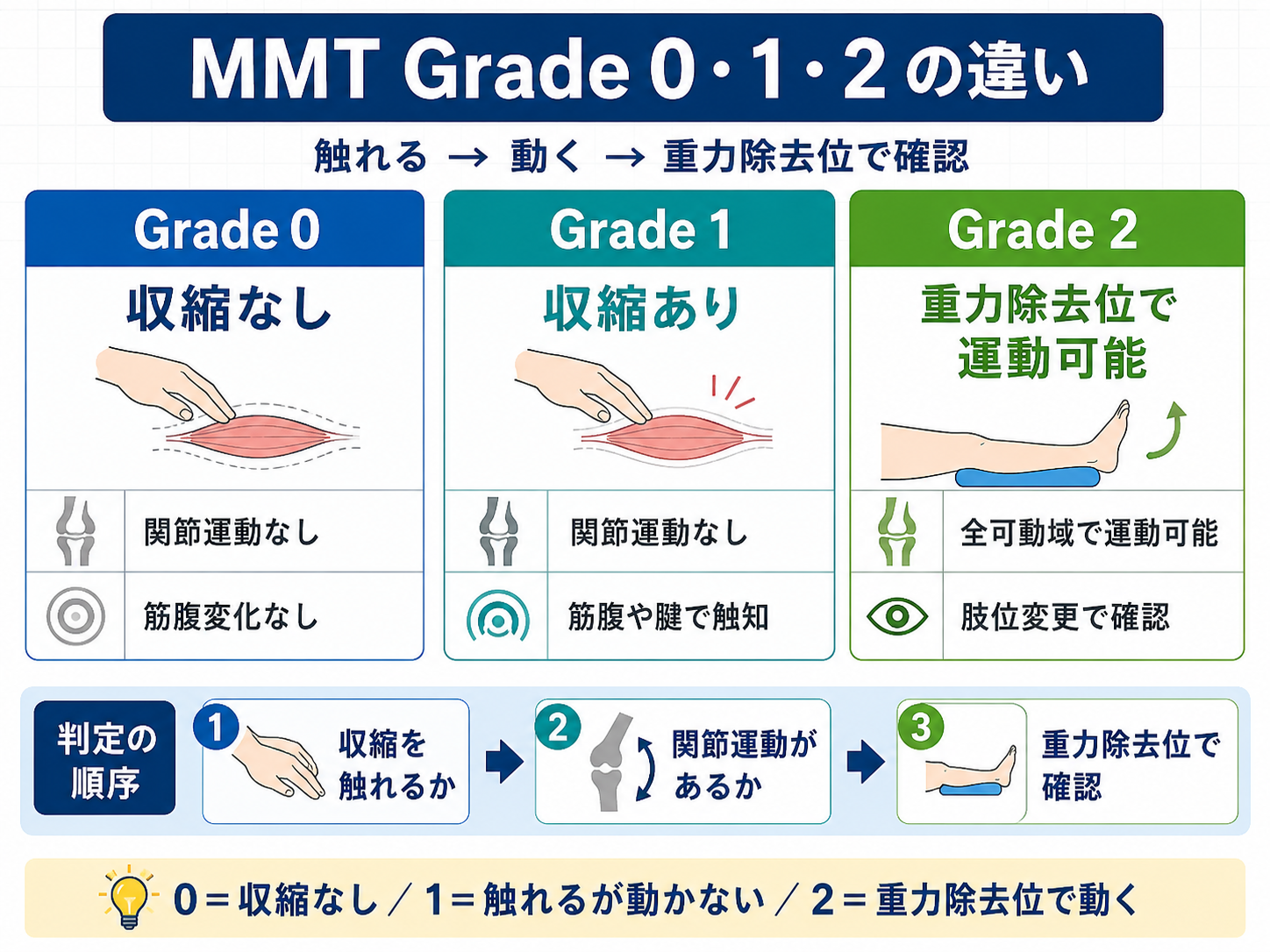 MMT Grade 0・1・2 の違いを示した図版。Grade 0 は収縮なし、Grade 1 は収縮あり、Grade 2 は重力除去位で運動可能と整理している。