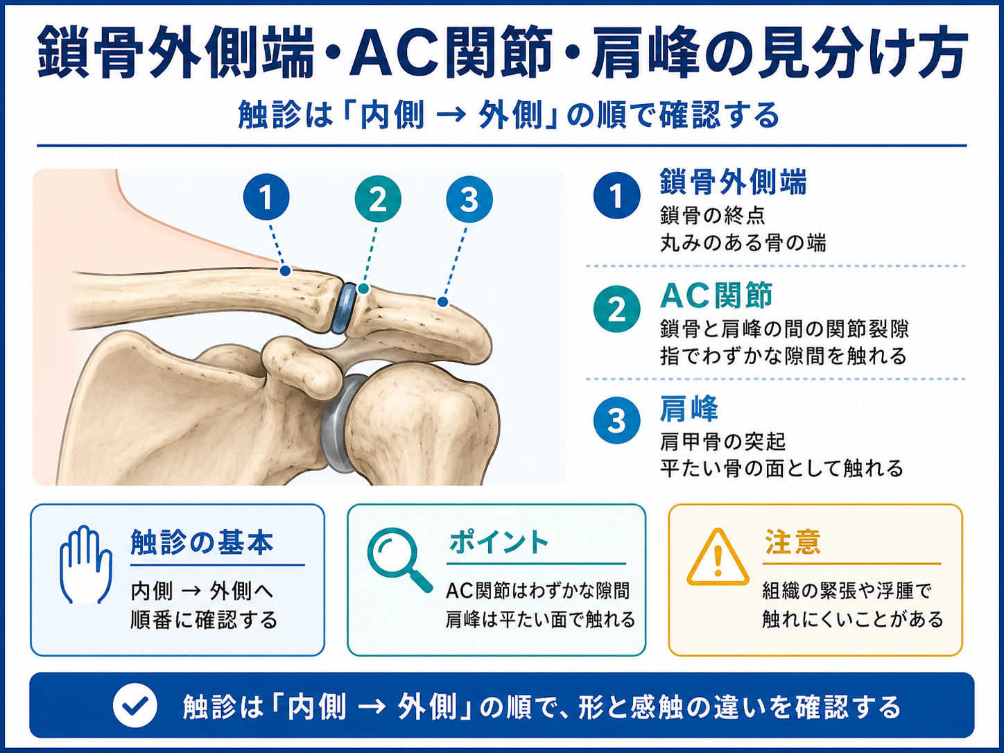 鎖骨外側端・AC関節・肩峰の見分け方を示した図版