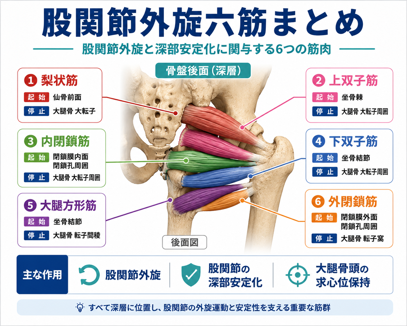 股関節外旋六筋まとめ。梨状筋、上双子筋、内閉鎖筋、下双子筋、大腿方形筋、外閉鎖筋の位置と主な作用を整理した図