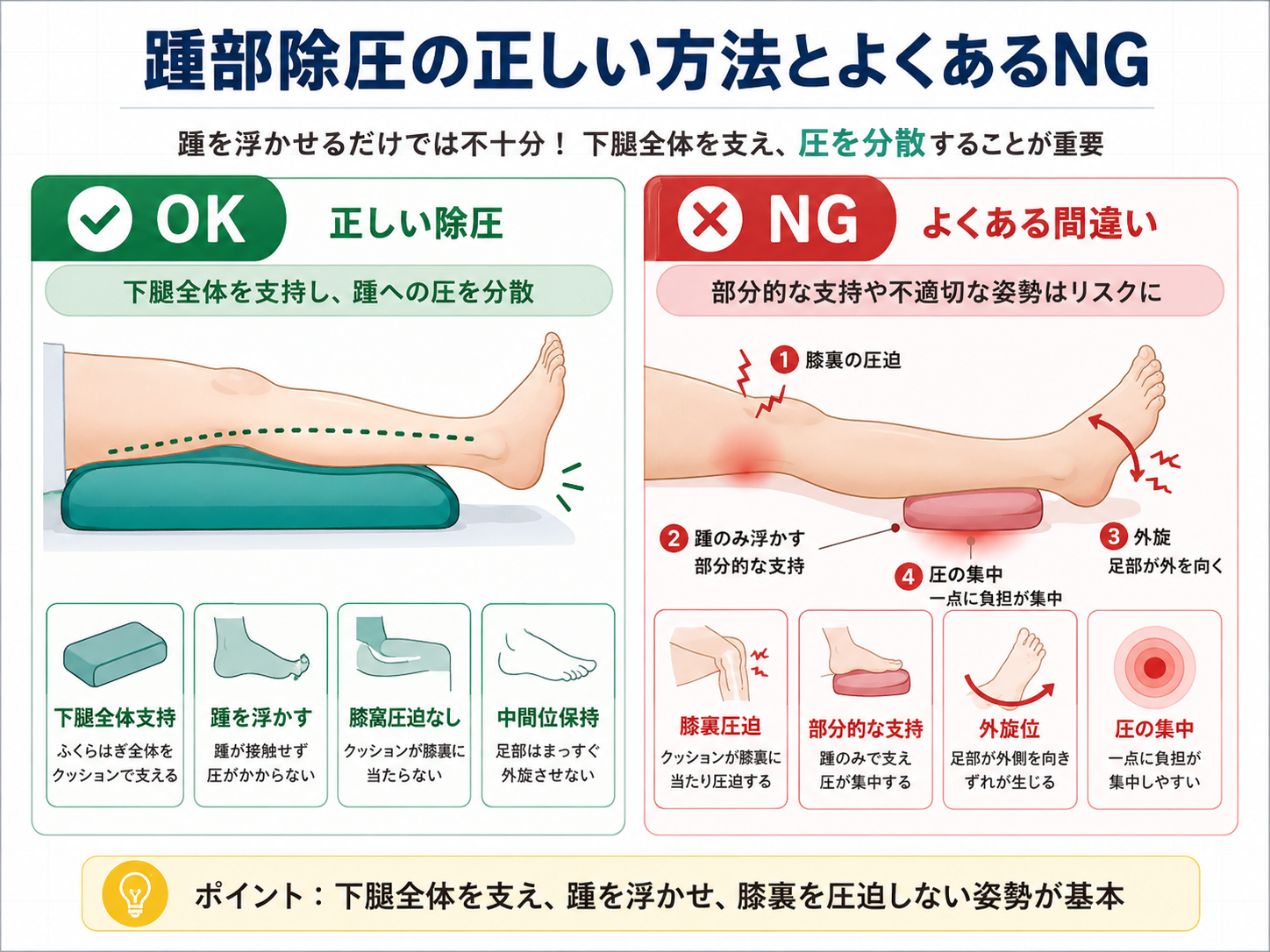 踵部除圧の正しい方法とよくあるNGを比較した図版