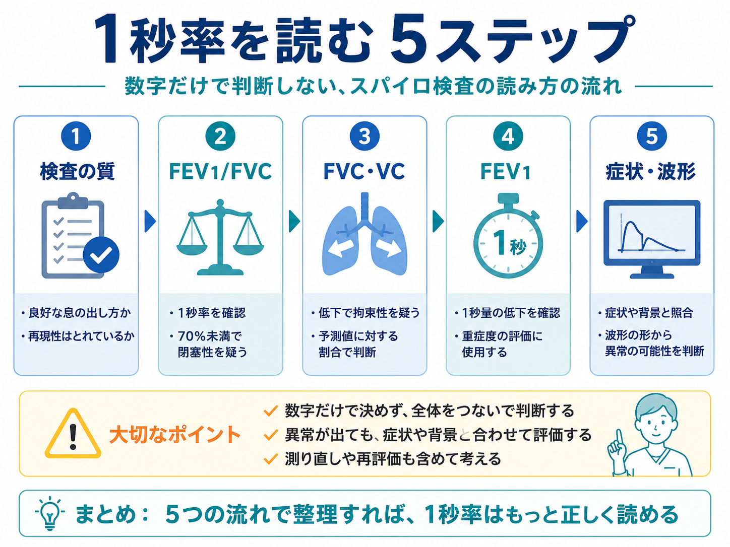 1秒率を読む5ステップ。検査の質、FEV1/FVC、FVC・VC、FEV1、症状・波形の順に確認する流れ