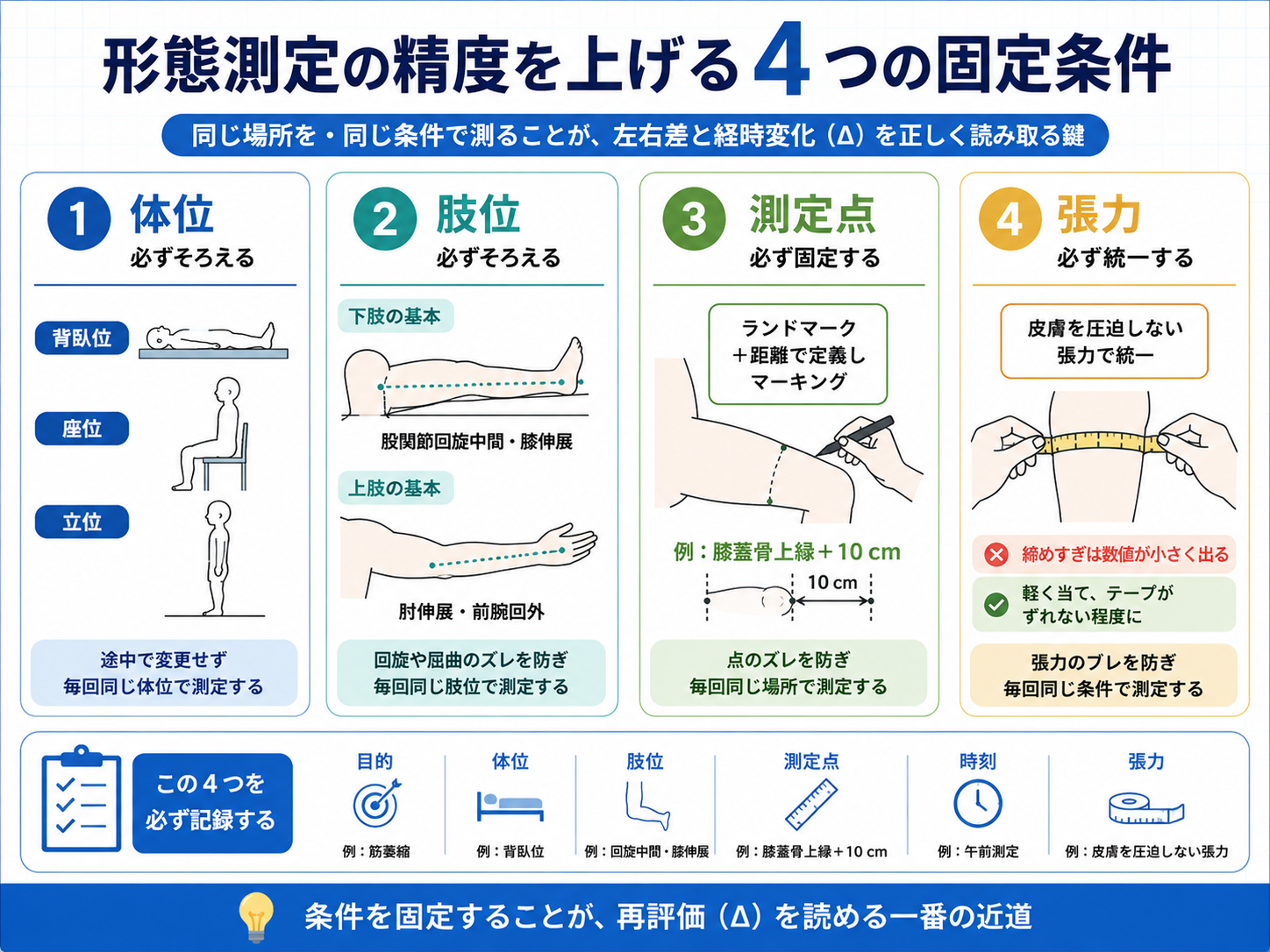 形態測定の精度を上げる4つの固定条件。体位、肢位、測定点、張力をそろえるポイントを整理した図