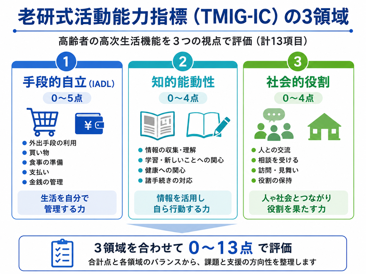 老研式活動能力指標（TMIG-IC）の手段的自立、知的能動性、社会的役割の3領域を整理した図版