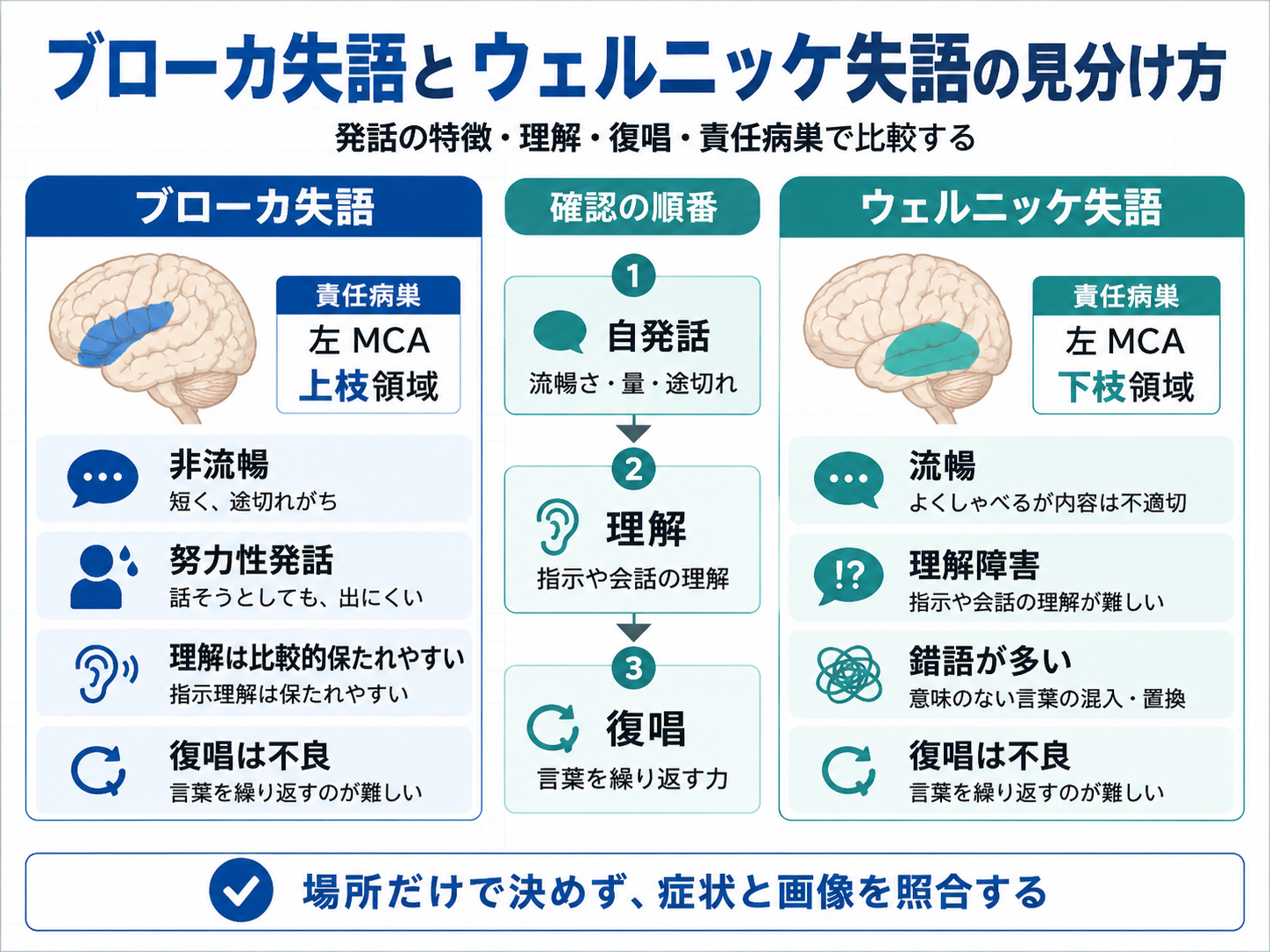 ブローカ失語とウェルニッケ失語の見分け方を比較した図。自発話、理解、復唱の順に確認し、ブローカ失語は非流暢と努力性発話、ウェルニッケ失語は流暢な発話と理解障害、錯語が特徴であることを示している。